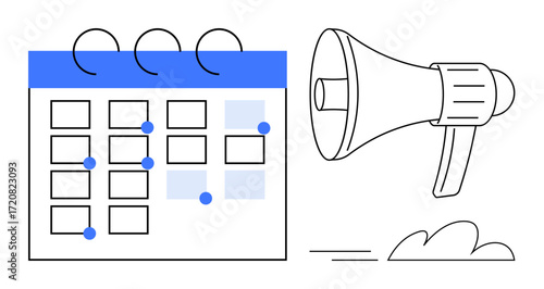 Calendar grid with highlighted events, megaphone emitting sound waves. Ideal for planning, scheduling, communication, event management, announcements, reminders marketing. Simple flat metaphor