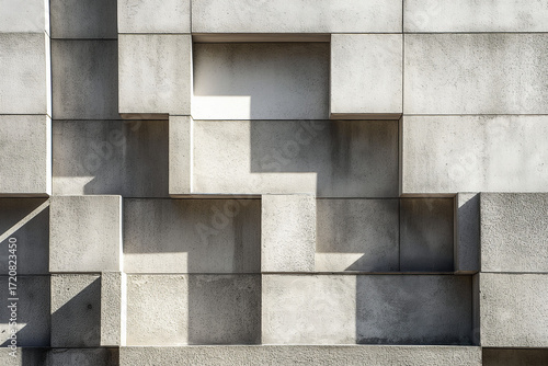 Concrete brutalist facade with stepped shadow play