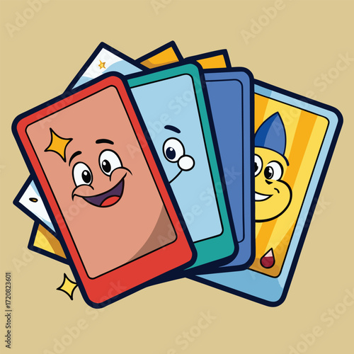 Cheerful cartoon playing cards with happy faces and sparkling details characters smiling