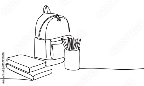 School Supplies Backpack Books and Pencil Holder in Line Art