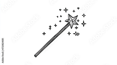 A hand-drawn, simple line art depiction of a magic wand with a star-shaped tip, emitting small sparkling stars