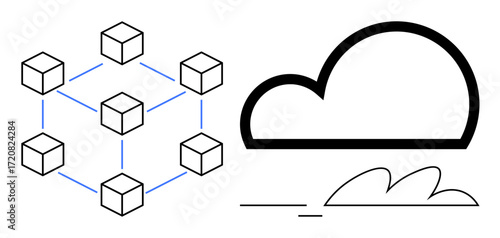 Simplified cloud shape and interconnected block structure highlighting data exchange, distributed systems, and cloud storage. Ideal for technology, data management, blockchain, innovation