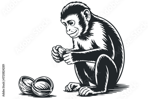 Monkey holding food item with white background. Vector hand drawn illustration