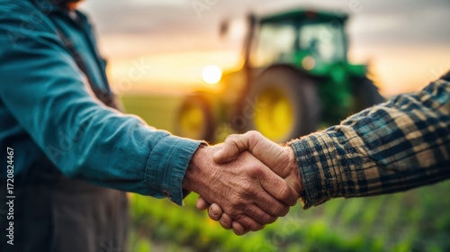 Wallpaper Mural Two people shake hands in a field at sunset with a tractor in the background, symbolizing agricultural partnership Torontodigital.ca