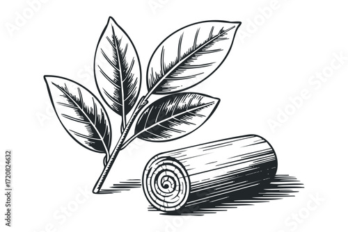 Branch with three leaves and a rolled log. Vector hand drawn illustration