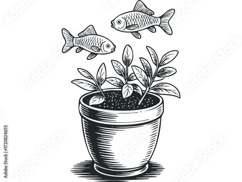 Potted plant with two goldfish swimming above. Vector hand drawn illustration