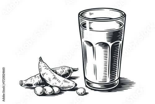 Glass of milk with bananas and peanuts. Vector hand drawn illustration