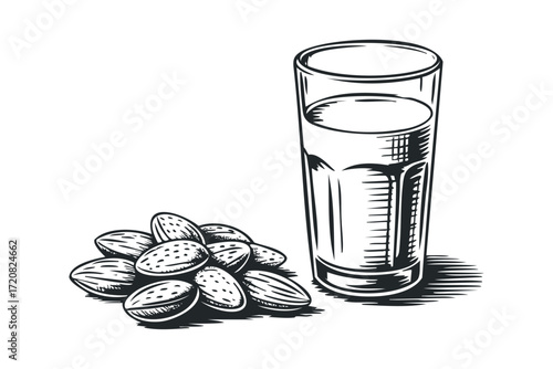 Glass of Almond Milk Beside Pile of Almonds. Vector hand drawn illustration