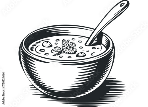Bowl of soup with spoon and parsley garnish. Vector hand drawn illustration