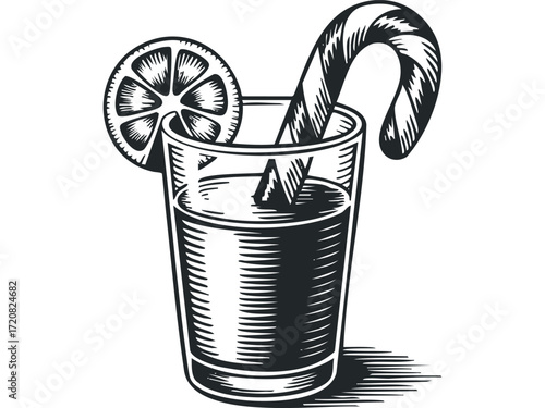 Glass of Juice with Lemon Slice and Candy Cane. Vector hand drawn illustration