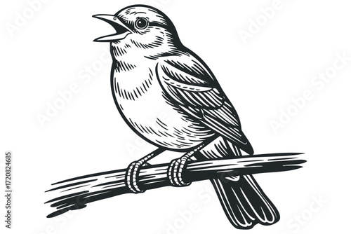 Bird perched on branch singing vocalizing. Vector hand drawn illustration