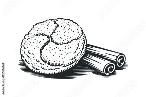 Vintage Bread Roll with Cinnamon Sticks. Vector hand drawn illustration
