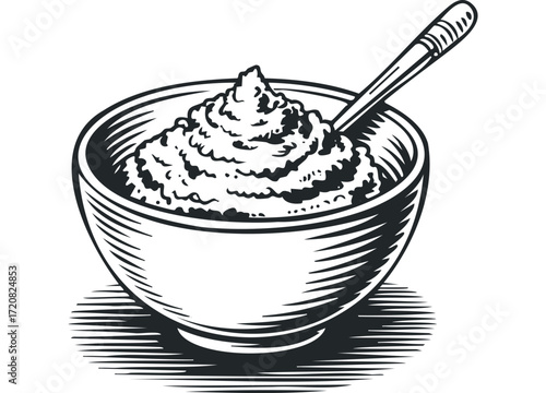 Scoop of Mashed Food in Bowl. Vector hand drawn illustration