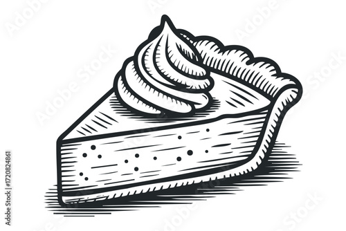 Slice of pie with whipped cream swirl. Vector hand drawn illustration