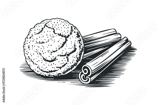 Cookie with Cinnamon Sticks Engraving. Vector hand drawn illustration