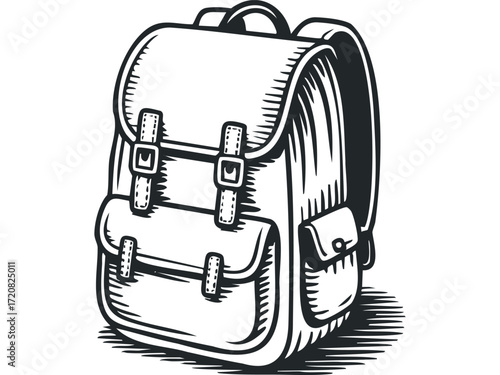 Vintage Style Backpack with Buckles and Pockets. Vector hand drawn illustration