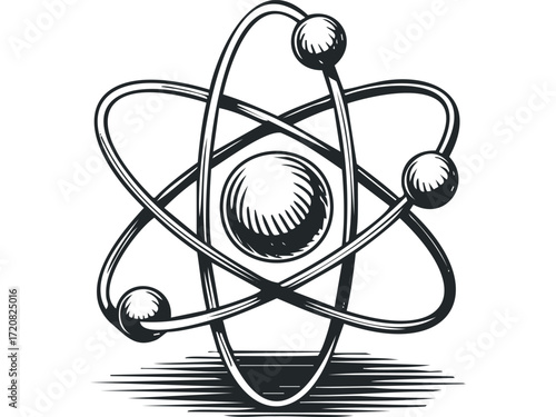 Atomic structure diagram with orbiting electrons. Vector hand drawn illustration