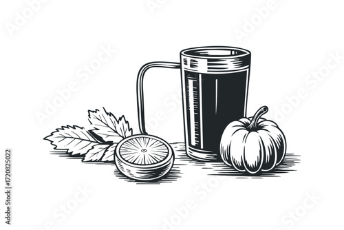 Black and white sketch of a mug with a tea bag, sliced lemon, and pumpkin. Vector hand drawn illustration