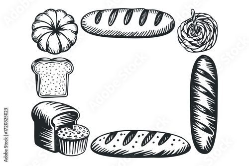 Black and White Bakery Border with Loaf and Slice of Bread. Vector hand drawn illustration