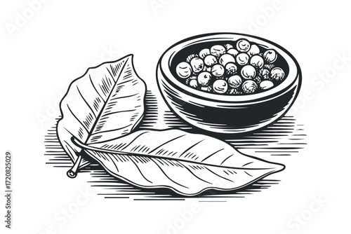 Bowl of peppercorns with leaves linocut style. Vector hand drawn illustration