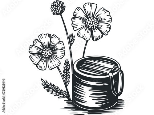 Ink drawing of flowers and a mug. Vector hand drawn illustration
