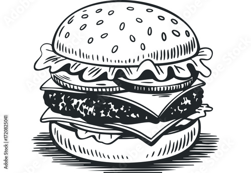 Hand drawn burger with sesame seed bun and ingredients. Vector hand drawn illustration