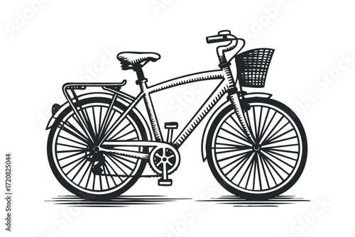 Black and white vintage bicycle with basket. Vector hand drawn illustration
