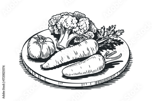 Hand Drawn Sketch of Fresh Vegetables on Cutting Board. Vector hand drawn illustration