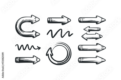 Collection of hand drawn arrows and directional symbols. Vector hand drawn illustration