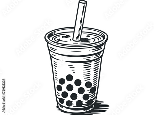 Black and White Bubble Tea Drink with Straw. Vector hand drawn illustration