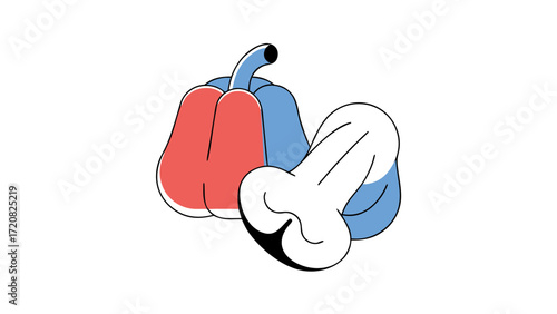 Colorful bell peppers and peeled cashew nut in minimal vector style