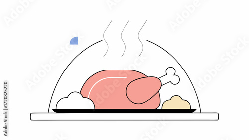 Roast chicken served hot with mashed potatoes and steamed vegetables on plate under cloche