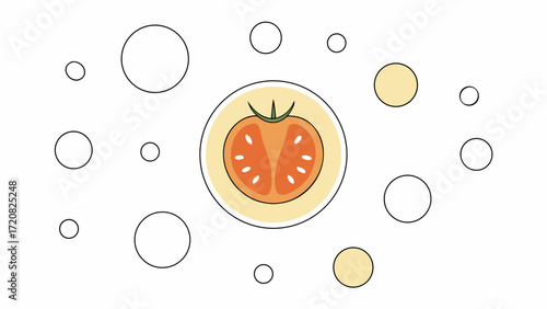 Fresh tomato slice with seeds and stem in minimal flat style, surrounded by abstract circles