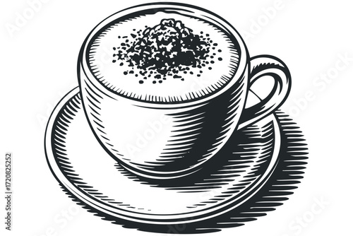 Espresso cup with frothy top on saucer. Vector hand drawn illustration