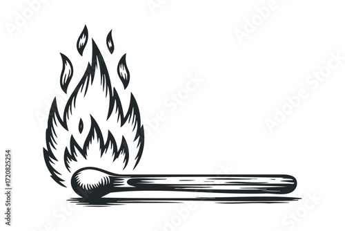 Burning match stick with flames. Vector hand drawn illustration
