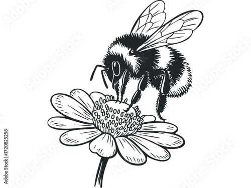 Detailed line drawing of a bumblebee on a flower. Vector hand drawn illustration