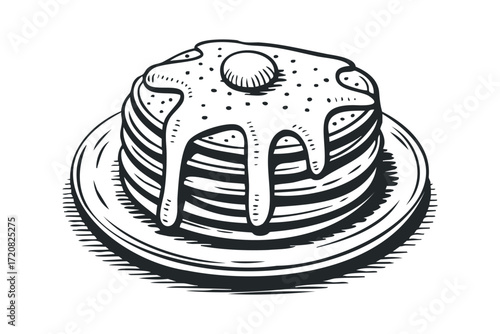 Stack of pancakes with syrup topping. Vector hand drawn illustration