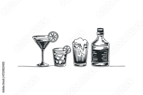 Hand drawn alcoholic beverages and bottle line art. Vector hand drawn illustration