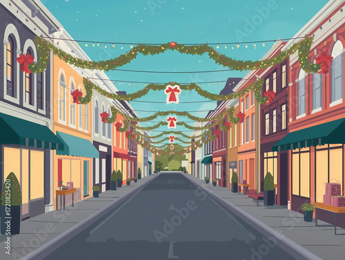Festive downtown street adorned with vibrant Christmas garlands and lights creating a joyful holiday shopping atmosphere and inviting community spirit.