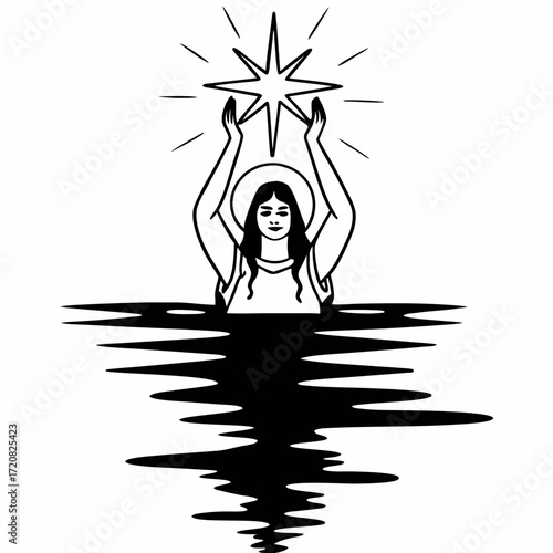 Sacred feminine figure rises from water holding radiant star, symbolizing divine energy and spiritual awakening