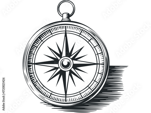 Vintage compass with star shape and directional markings. Vector hand drawn illustration
