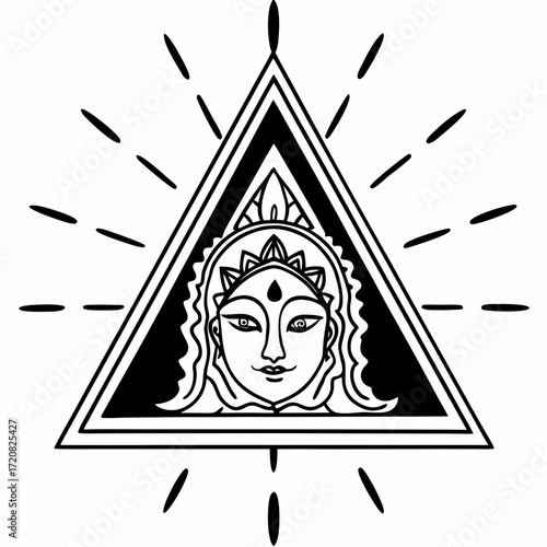 Sacred triangle with goddess face symbol radiating spiritual energy and divine feminine power