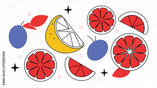 Colorful citrus slices, plums, and abstract shapes create playful fruit pattern on transparency background