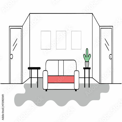 Modern sofa and coffee table set in bright empty room with white walls and wooden floor