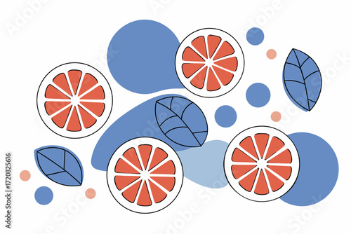 Grapefruit slices with blue leaves and abstract circles on transparency background, modern and fresh design