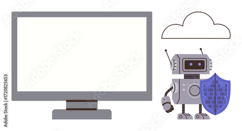 Robot holding shield near cloud and monitor suggests data encryption, protection, and security in digital environments. Ideal for technology, cybersecurity, cloud computing, machine learning