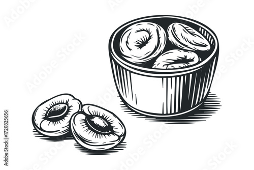 Whole and halved plums in a tin. Vector hand drawn illustration