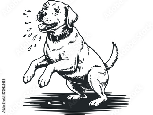 Happy dog jumping with water droplets. Vector hand drawn illustration