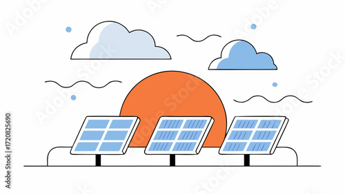 Sunset over solar panels with clouds and sun, symbolizing clean energy and sustainable power source