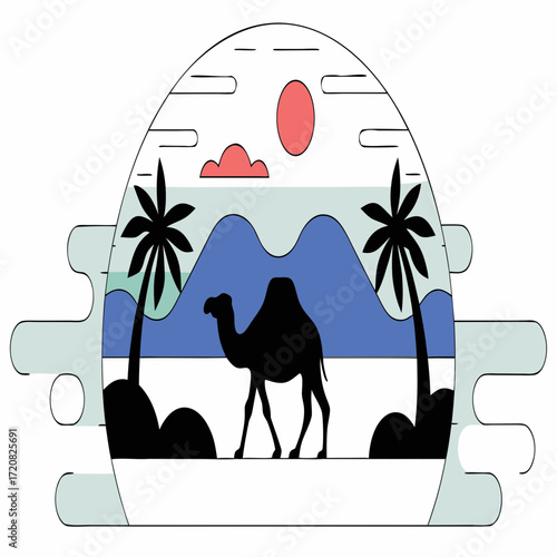 Stylized vector illustration of Arabian camel with desert background and soft pastel color tone
